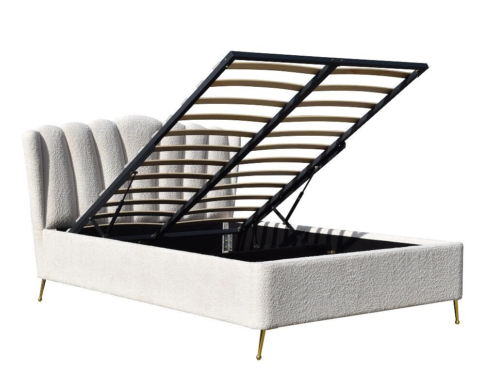 White Boucle Fabric Gas Lift Storage Bed With Four Metal Strong Feet