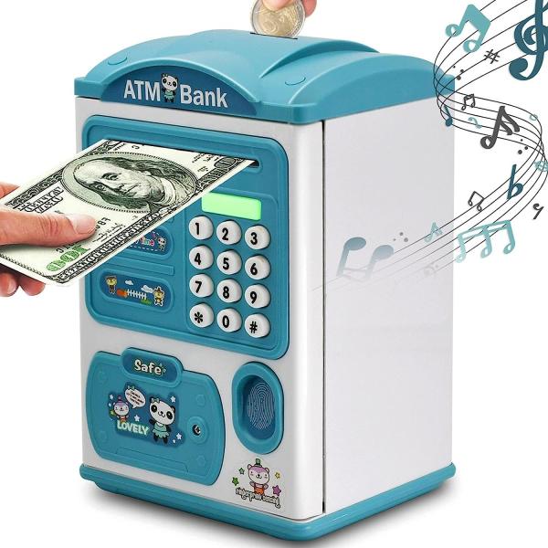 kids educational financial customs atm password piggy bank blue color mini