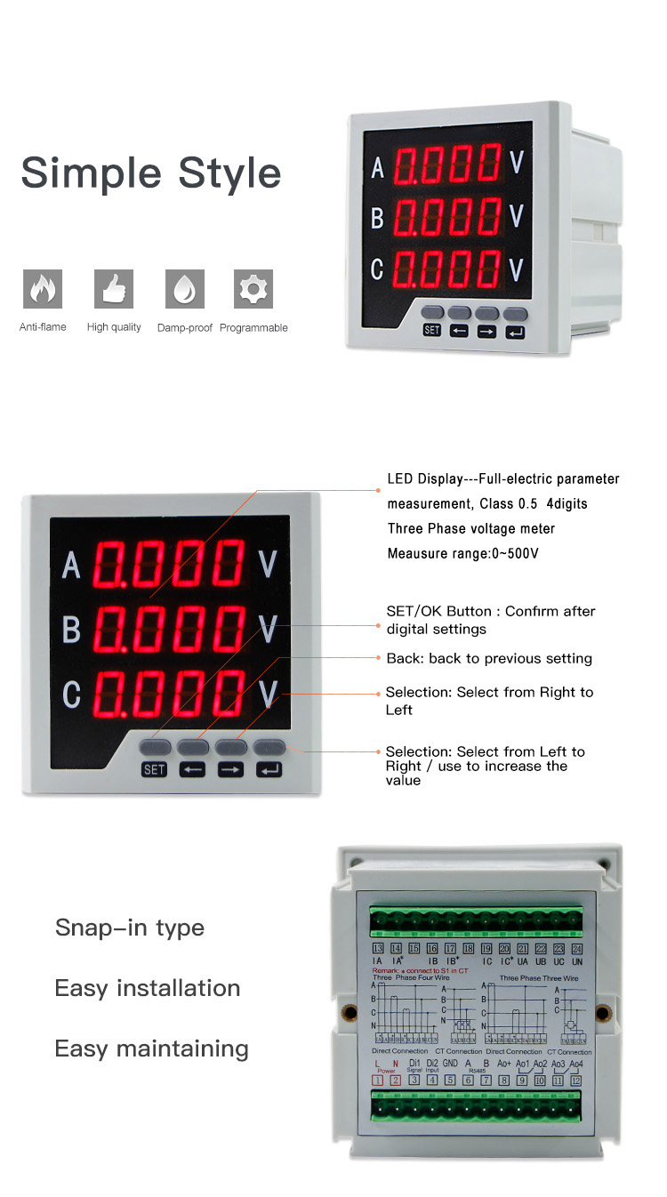 Single Phase Digital Panel Mount AC Voltmeter 500v