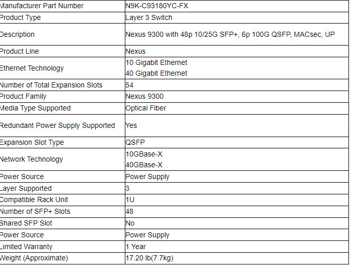 High quality Nexus 9300 48 Port SFP with 6 port QSFP Network Switch for N9K-C93180YC-FX