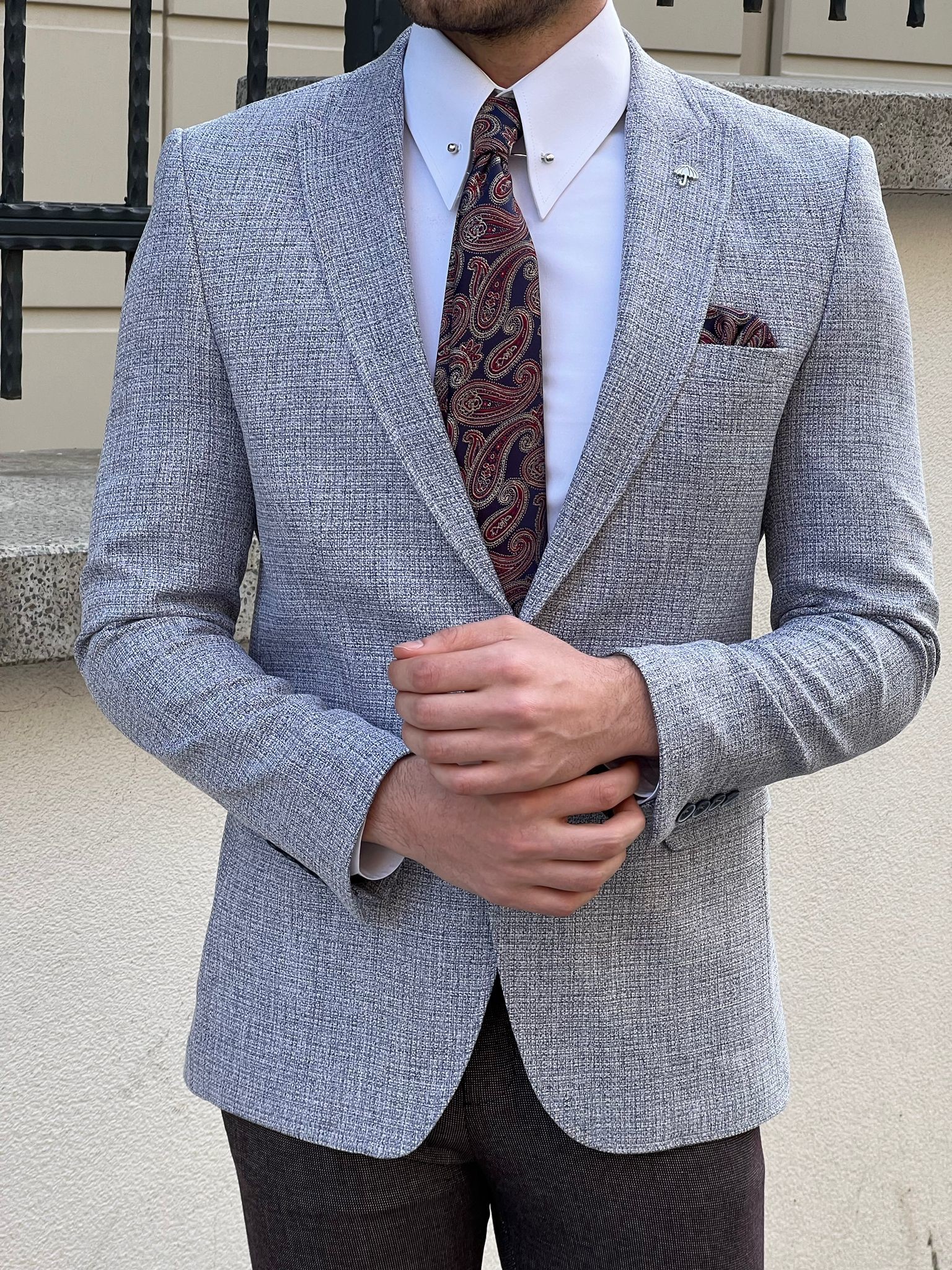 Knitted Grey Purple Business Casual Suit Jacket For Gentlemen