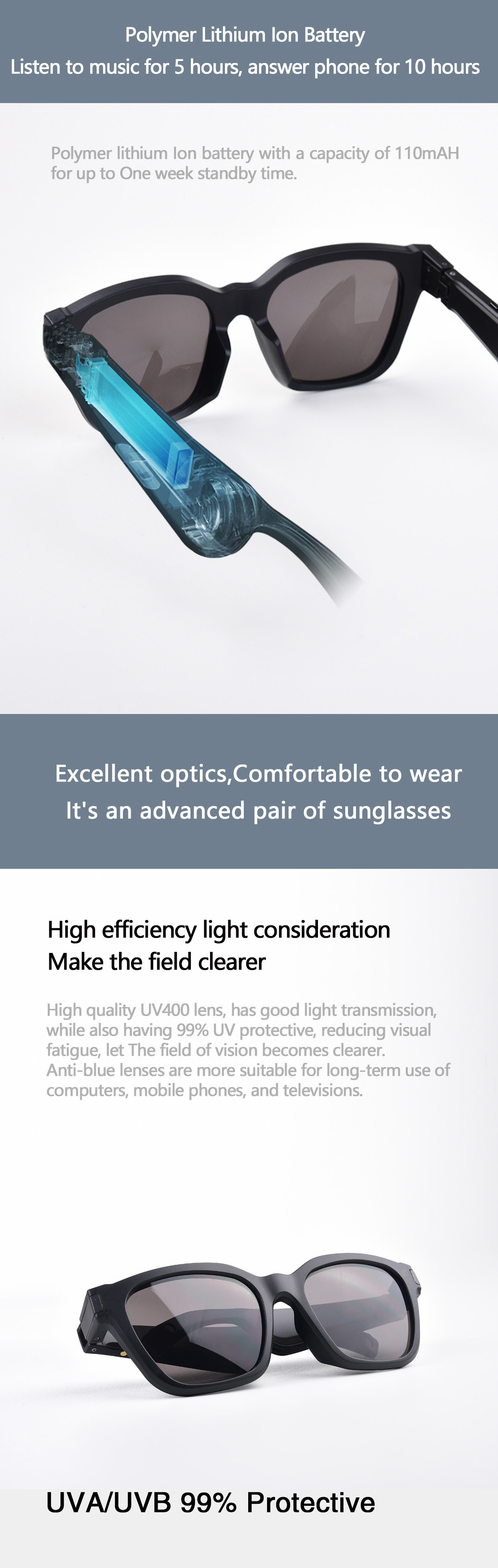 Ultra Light Frame V5.0 15m Wireless Headphones Glasses