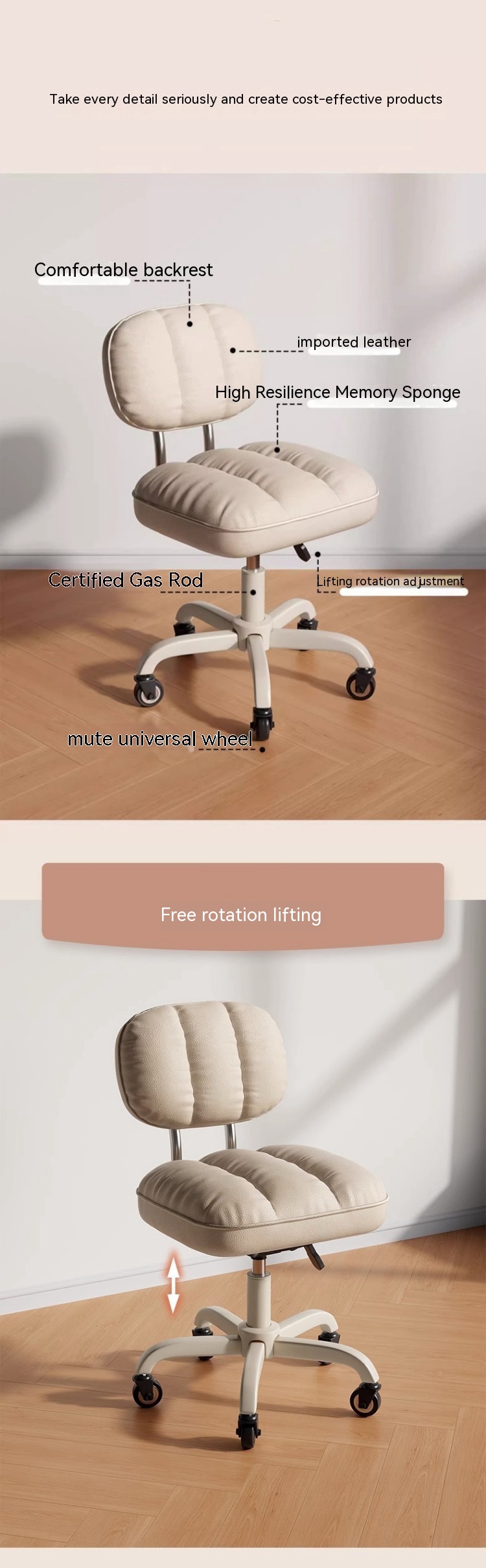 Adjustable Lifting Function Fabric Makeup Stool with Backrest and Revolving Design