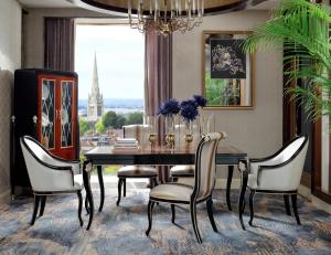 Wholesale New classic Luxury room Furniture Dining Tables in glossy painting Ebony wood with Fabric Upholstered Chairs and Buffet from china suppliers