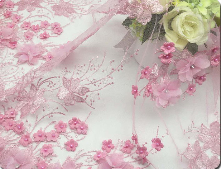 Polyester 3D flower embroidered Lace fabric with bead for women garments
