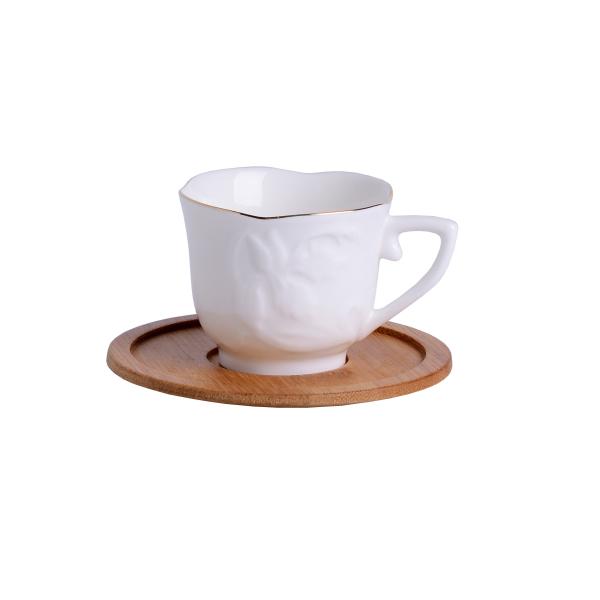 Embossed Porcelain Cup Set White Turkish Espresso Coffee Cups With Bamboo