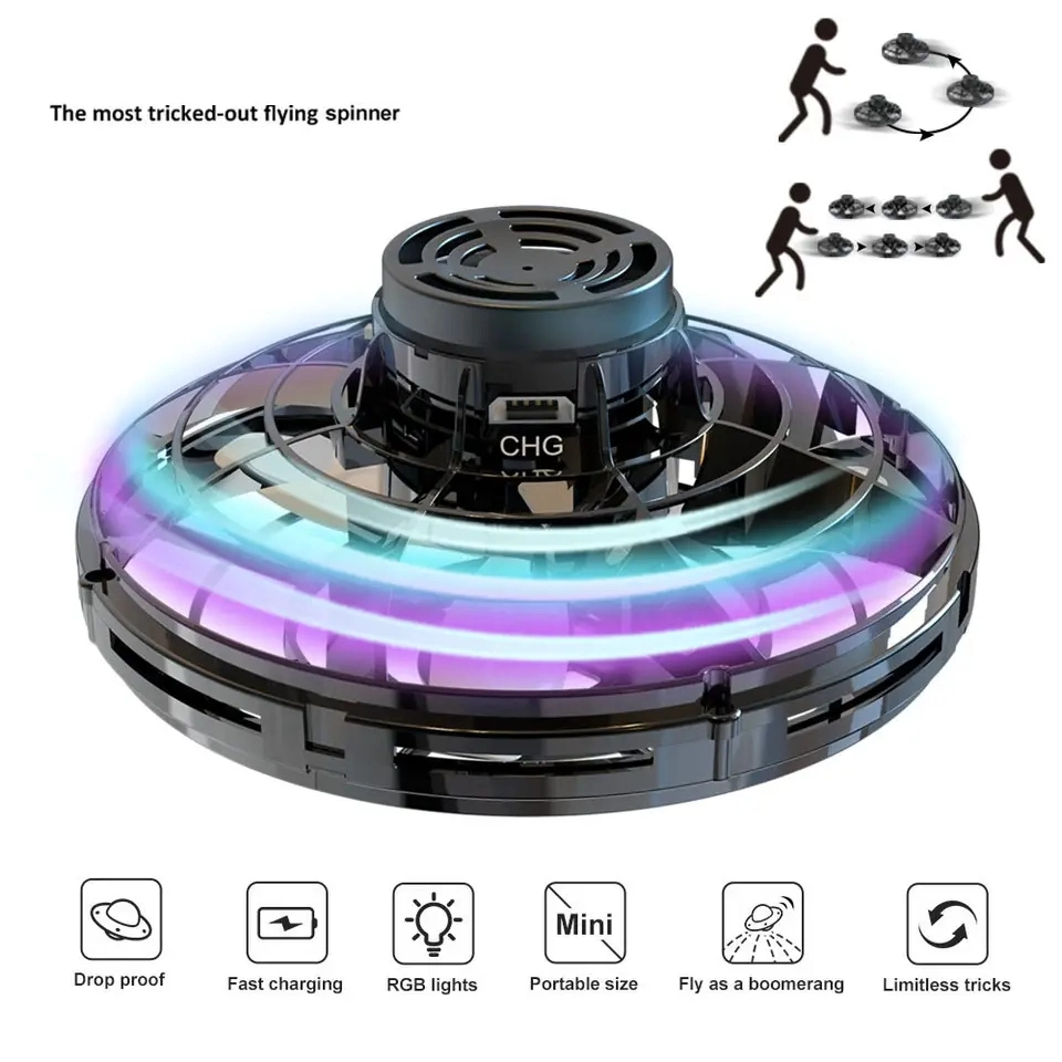 2023 New LED Hand Operated Mini UFO Drones Spinning Top Rotate Fidget Flying Spinner for Kids