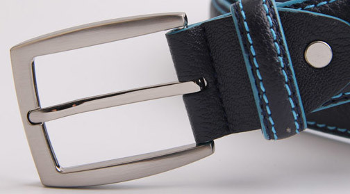 Classic Mens Leather Dress Belt With Blue Stitching And Edge Painting
