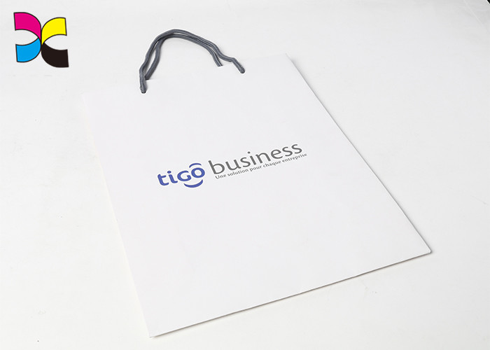 Luxury White Printed Paper Shopping Bags With Gold Nylon Rope Handle FSC ISO