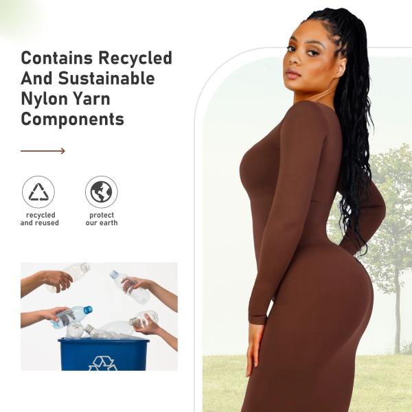 Elastic Waist Knitted Square Neck Long Sleeve Sling Summer Midi Bodycon Shapewear Dress