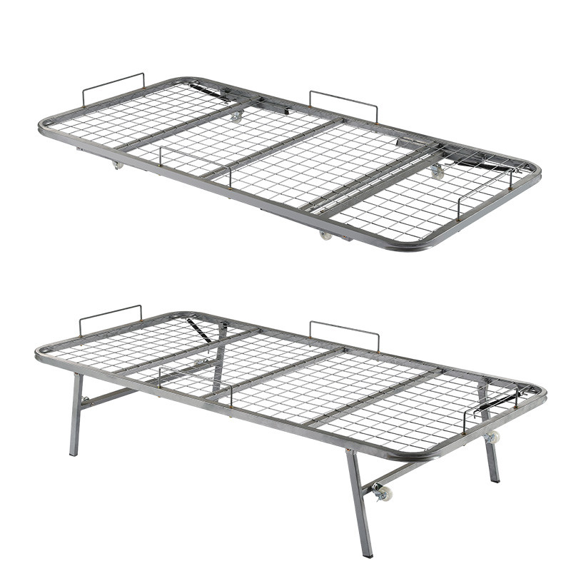 Extented Iron Net Wheel Collapsible Metal Bed Frame , Foldable Metal Single Bed Frame