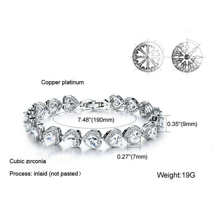 Fashion Platinum Plated Links Chain Heart Shape Clear Cubic Zirconia Tennis Bracelet (JDS949WHITE)