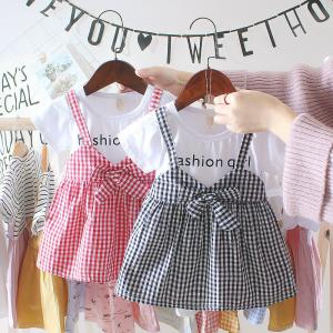 Wholesale Black White Plaid Children'S Dress Clothing Round Neck Short Sleeve Dress With Bowknot from china suppliers