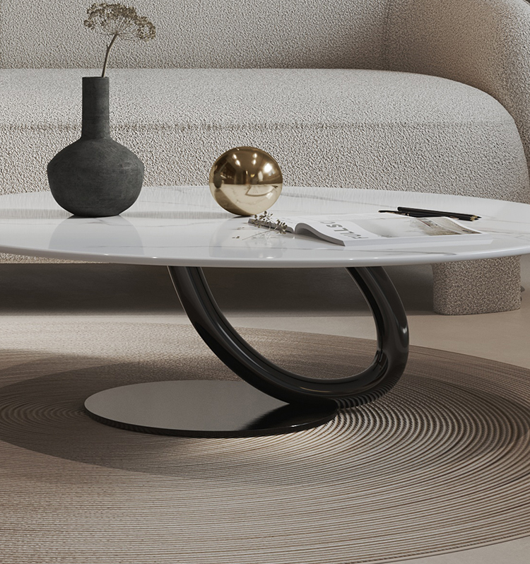 Circular Living Room Coffee Table Marble White Counter Top Black Base