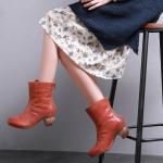 S041 retro leather thick heel short boots women's boots mid-heel women boots