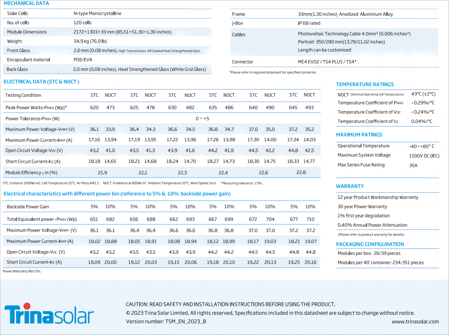 Trina Solar TSM-NEG20C.20 620-645W Bifacial N-type Mono PV Solar Module for PV Systems