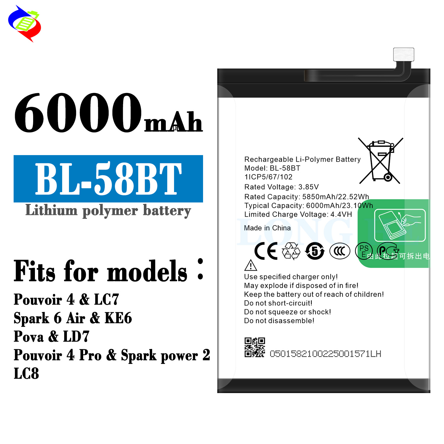 6000mah BL-58BT Lc8 Mobile Phone Battery for Tecno Pouvoir 4 Pro rechargeable battery