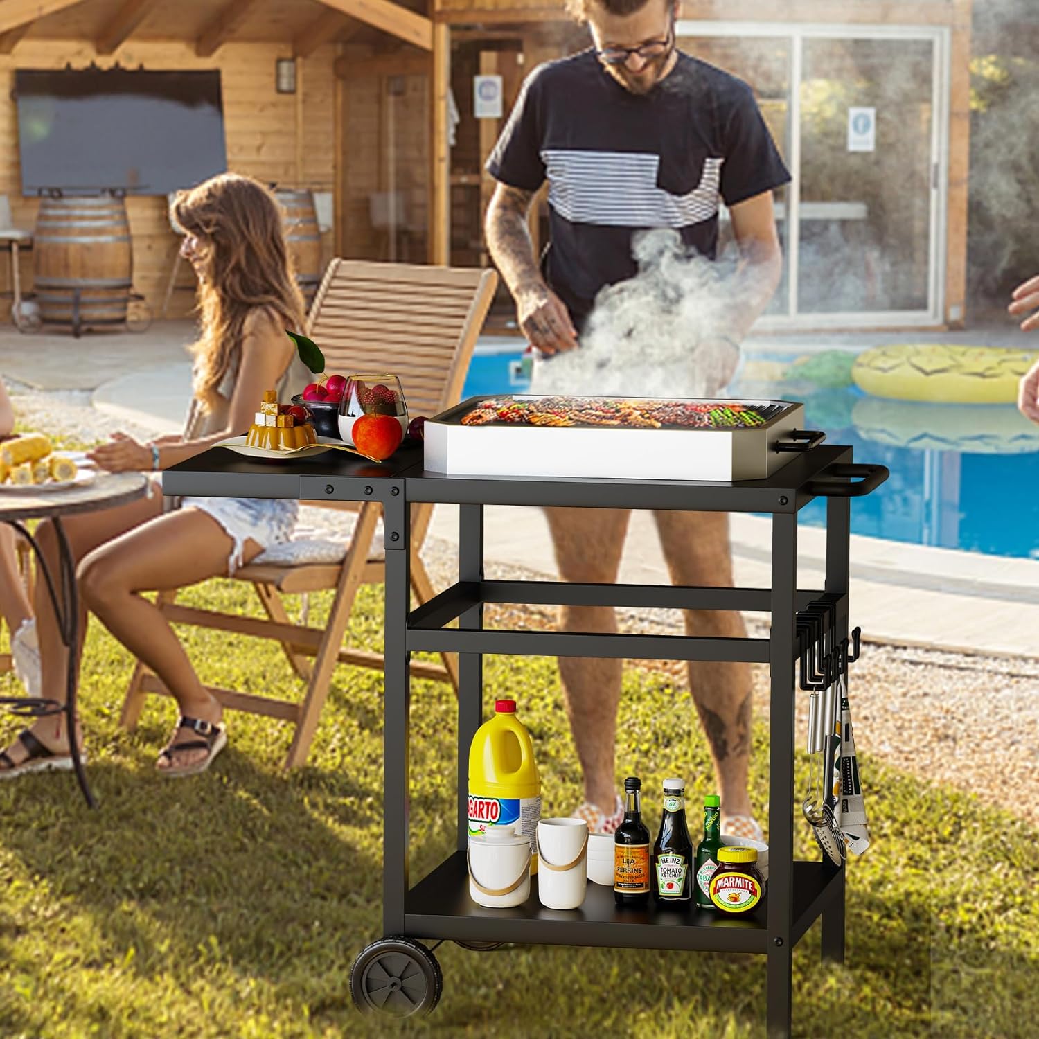 Metal Plant Fiber Type Outdoor Grill Cart Double-Shelf BBQ Table with Multifunctional