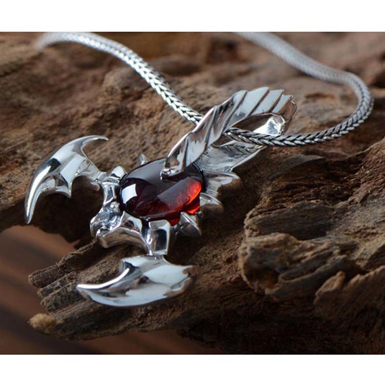Women's and Men's Sterling Silver Vintage Style Garnet Scorpion Pendant Necklace(N6030801RED)