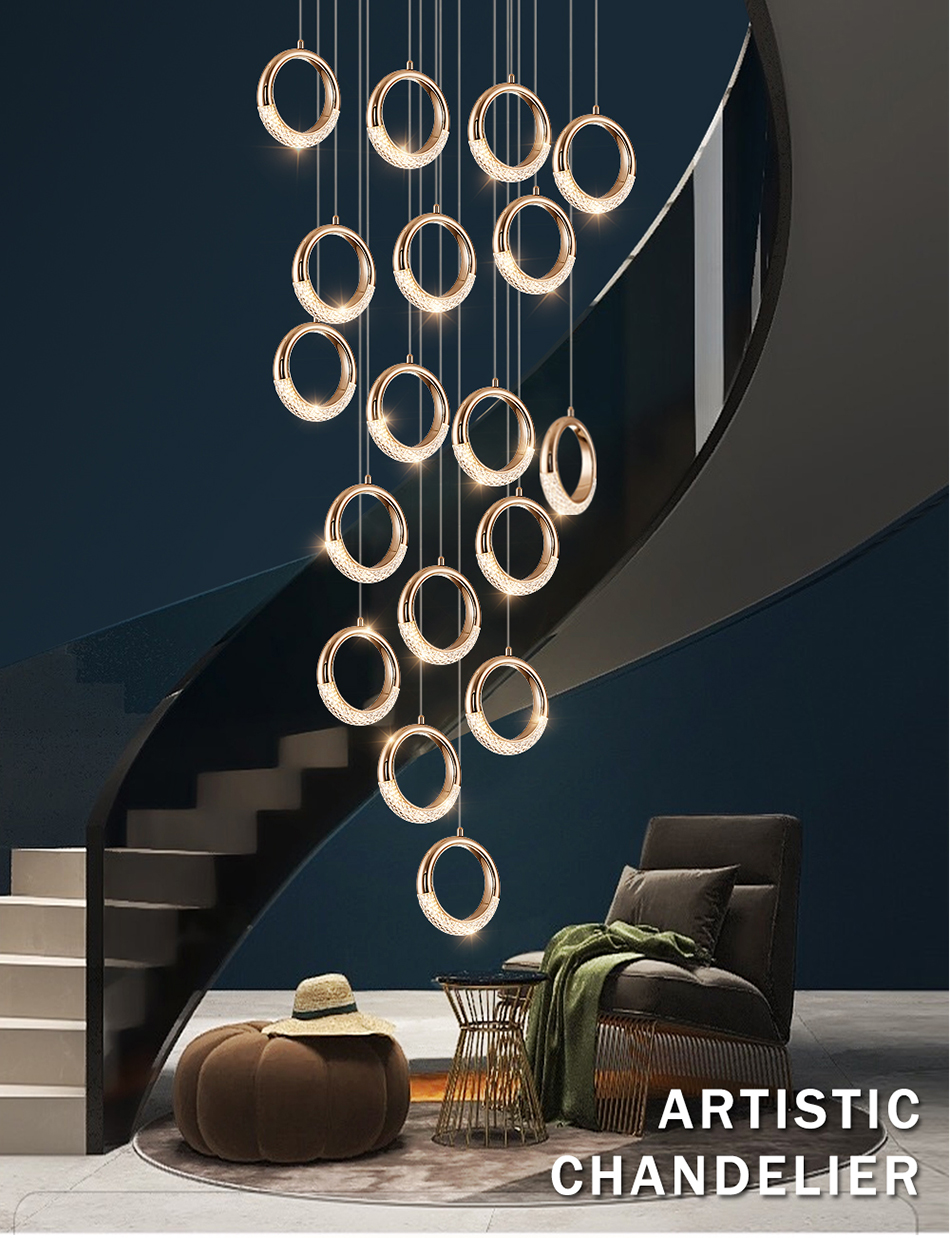 Luxury Crystal Chandelier For Staircase Led Home Decor Light Fixture Modern Creative Rings Chandelier(WH-NC-53)