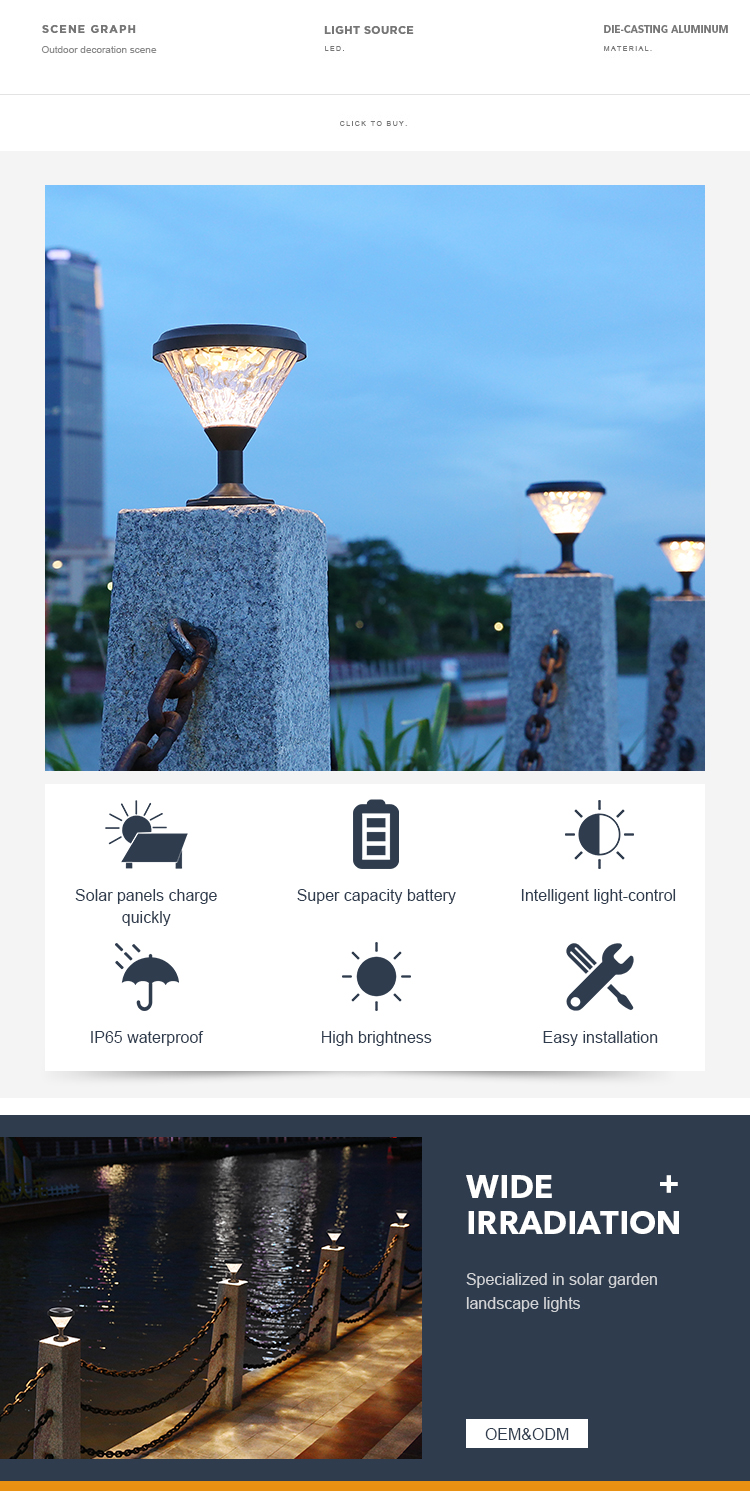 Dusk To Dawn Solar Pillar Light Rainproof Anti Pressure For Outdoor
