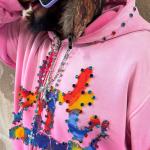 Custom Pink Diamond Hoodie Set Rhinestone Acid Wash Vintage Embroidered Hoodies