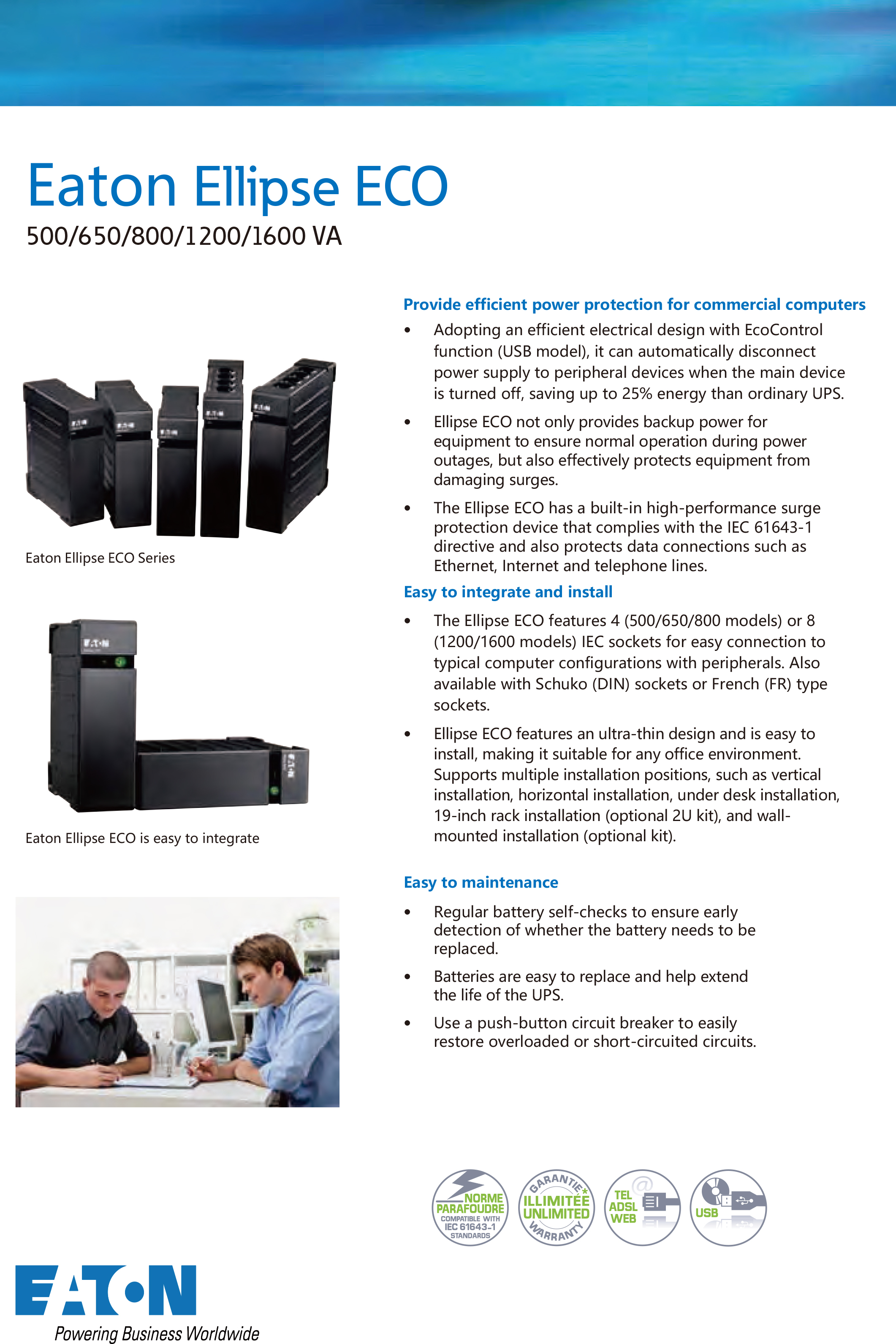 Eaton Ellipse ECO EL800USBIEC UPS 800VA/500W 800W for Telecommunications Single Phase