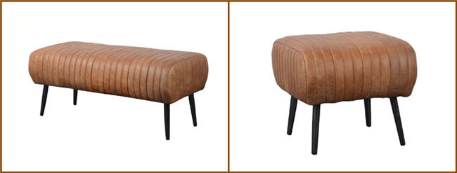 Vintage Leather Ottoman Footstool Bench Open Road With Black Iron Legs