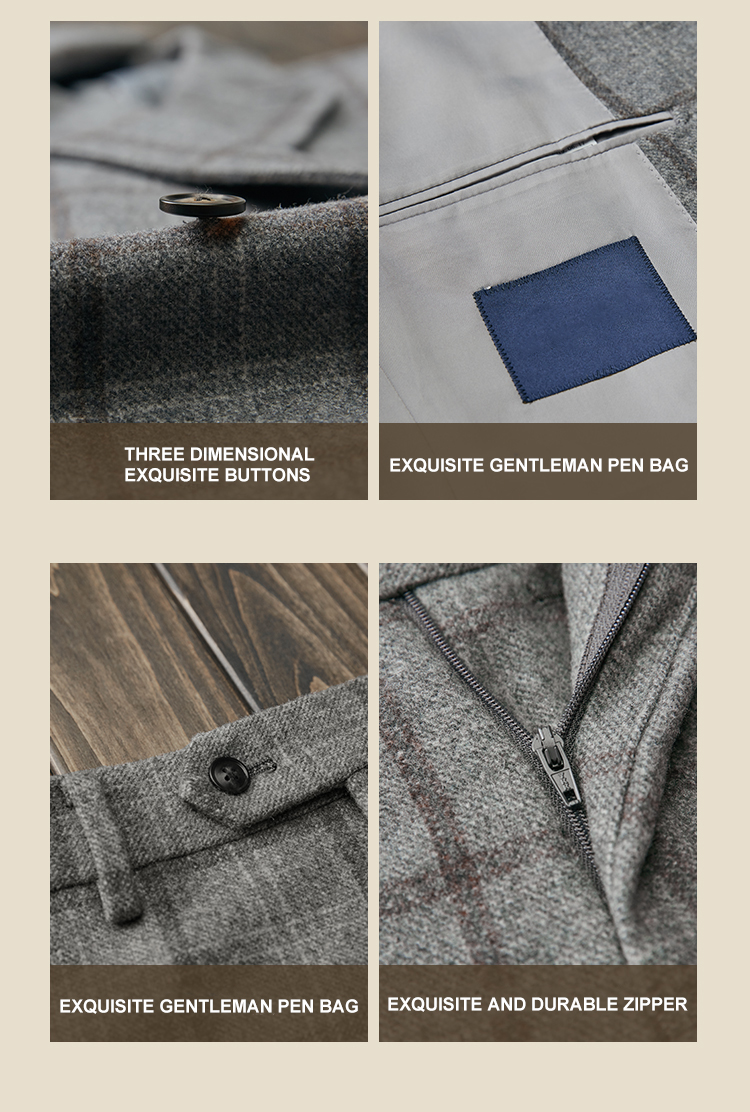 Customized Logo Printing Business Suits Gray Wool Plaid Men's Suit for Groom Wedding Dress