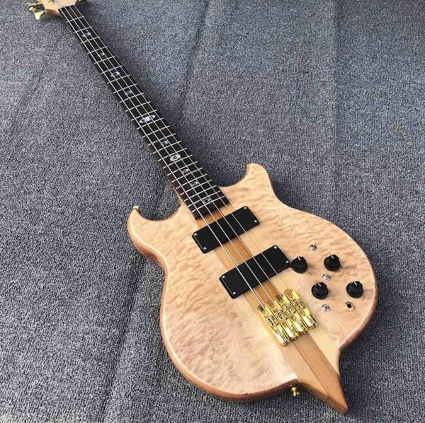 High Grade 4 String Electric Bass Neck Through Body Log Color Paint Gold
