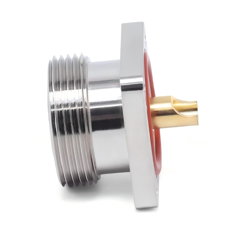 7/16 DIN L29 Female RF Coaxial Connector with 4-Hole Flange Mount Low PIM and Waterproof Sealing Ring for Base Station & Radar