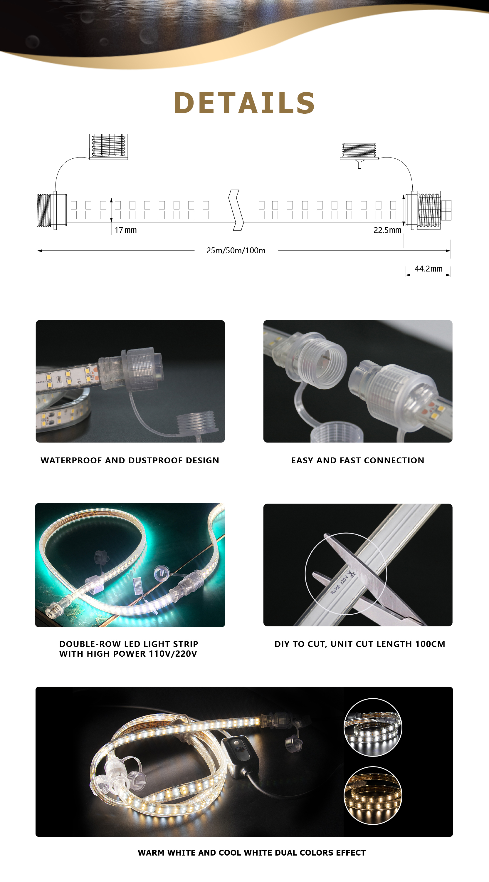 IP68 6500K Led Rope Light White And Warm White Led Strip Lights For Ceiling