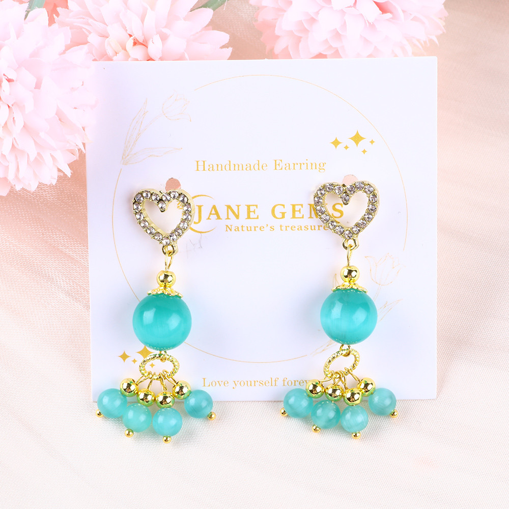 Handmade 6MM 12MM Green Cat Eye Gemstone With Heart Stud Dangle Earring For Gift Giving