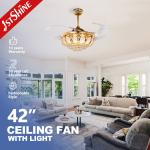 42 Inch Crystal Retractable Ceiling Fan Light Metal Copper ABS Blade
