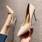 069990-1 European And American Sexy Pointed-Toe Shallow Mouth High Heels Plaid