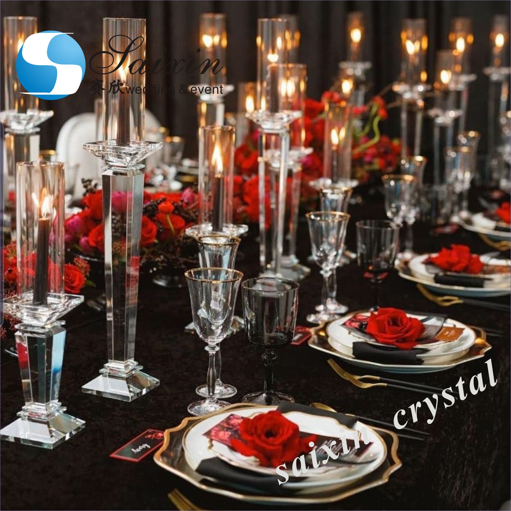 Silver Black 3 Piece Candle Holder Set Centerpiece Crystal Candlestick 20cm