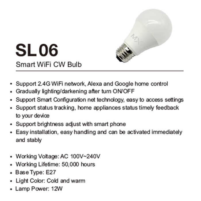 MXQ WIFI Smart LED Light Bulb Wireless Controlled For Home Automation