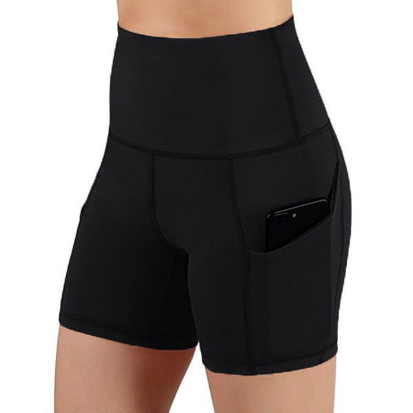 High Waisted Black Sports Shorts For Women Tummy Control Gym Tight Leggings Side Pocket