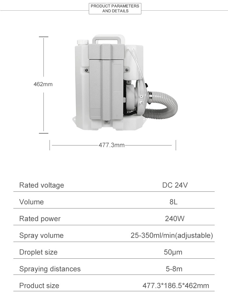 200W Agricultural Cold Fogging High Pressure Sprayer Battery Operated Backpack Sprayer 8L