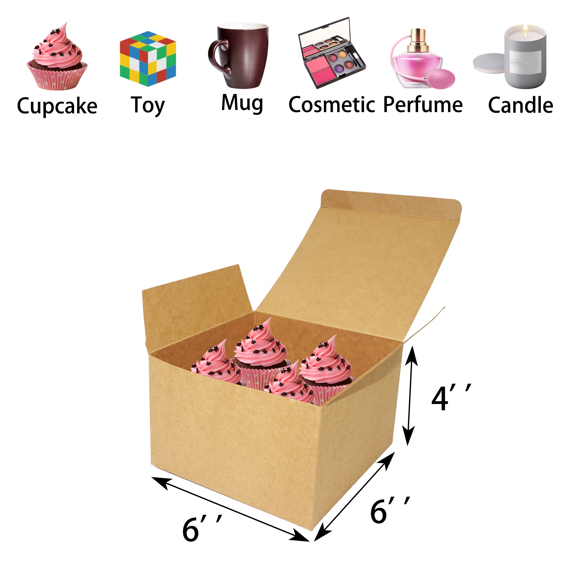 Recycled Paper Kraft Cardboard Gift Boxes 6x6x4 Inch For Bakery Cupcake