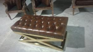 Wholesale Camel Distressed Genuine Leather Ottoman Coffee Table With Golden Metal Legs from china suppliers