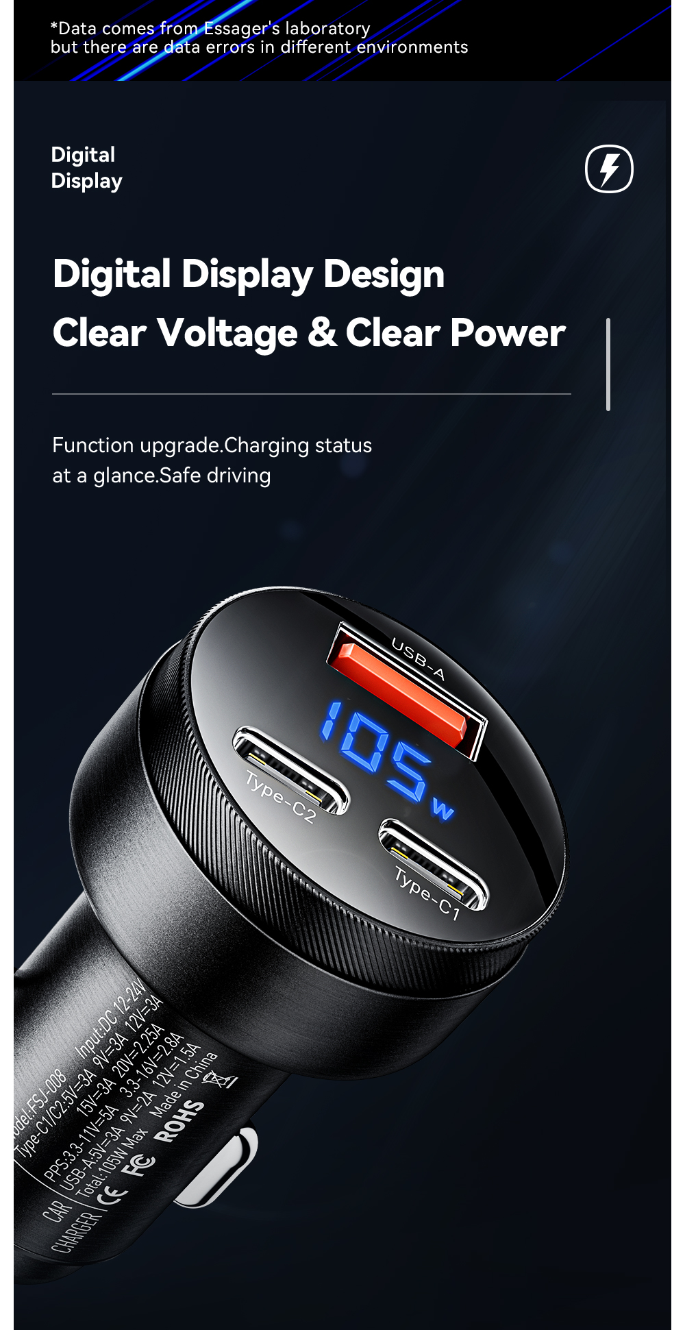 ESSAGER FSJ-008 Series 105W 3 Ports Fast USB Type C Car Charger