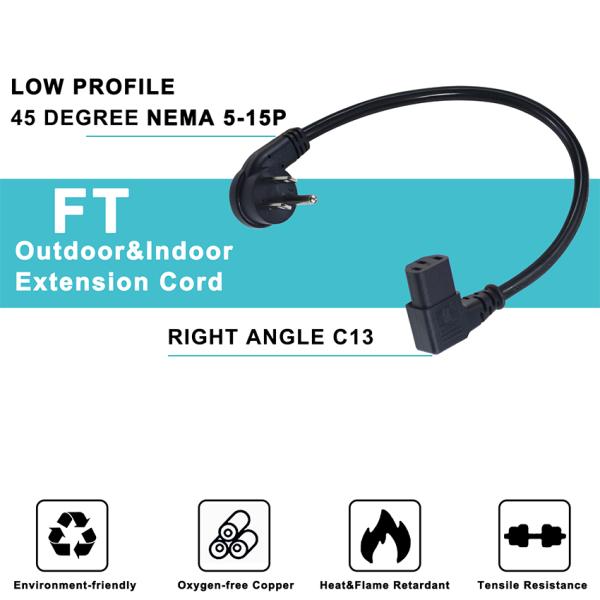 NEMA 5-15P 3Pin Plug IEC Power Cord with C13 Right Angle Kettle Plug 45 Degree Bend