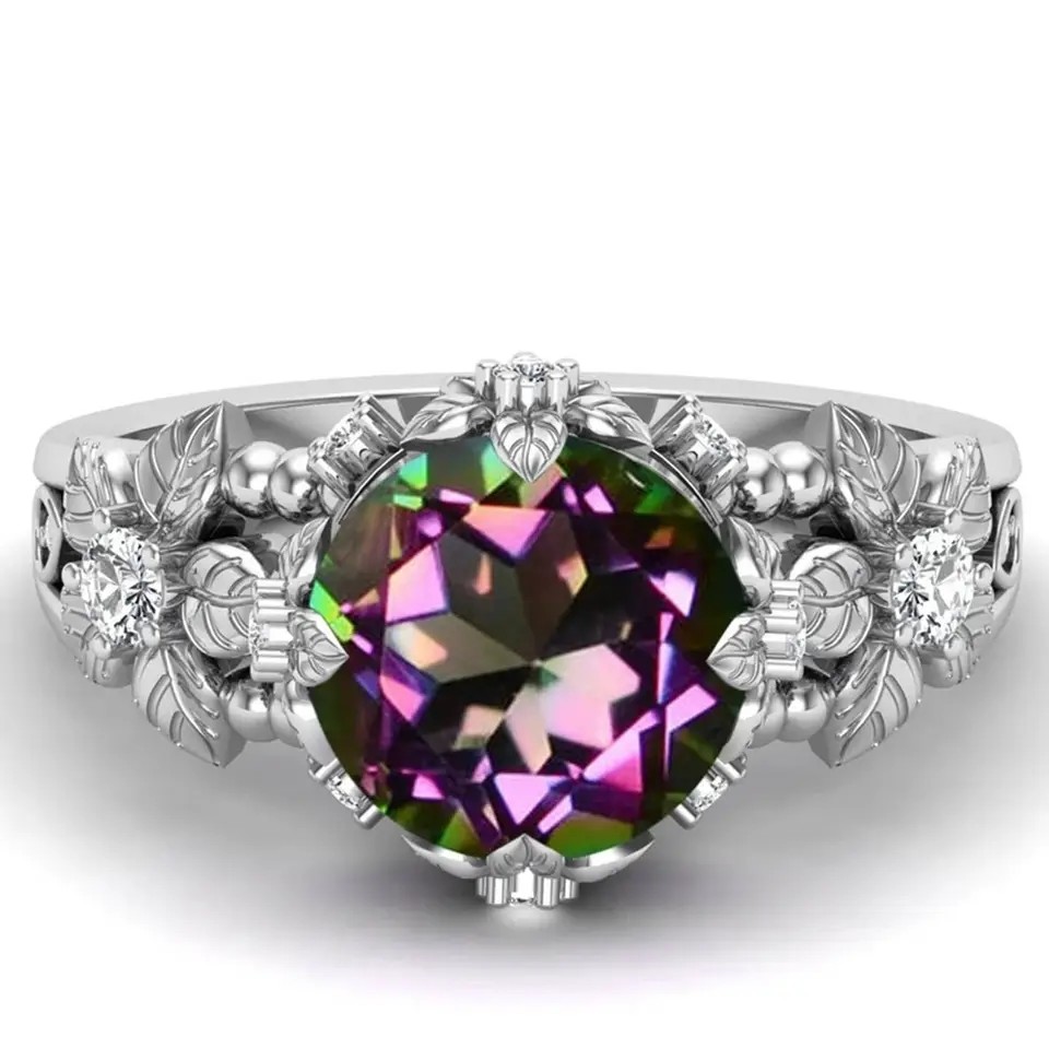 14K Gold Plated Sterling Silver Vintage Art Round Cut Mystic White Topaz Gemstone Engagement Rings