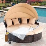 Modern Hotel Outdoor Furniture Patio Rattan Round Flip Top Daybed With Canopy