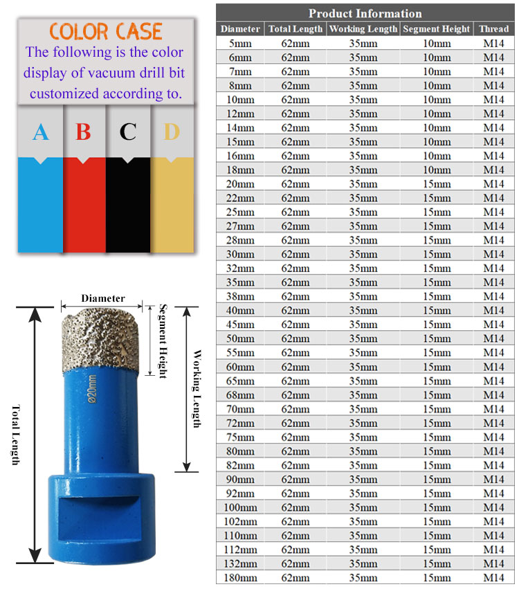 8 10 Mm M14 Vacuum Brazed Diamond Core Drill Bits For Porcelain Tile Granite Masonry