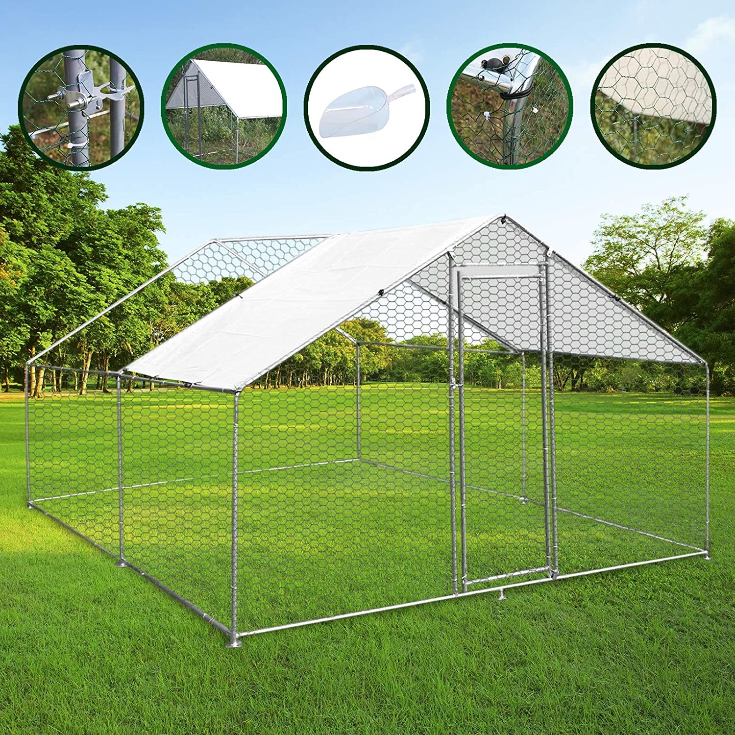 DIY Walk in Chicken Coop Chicken Run Kennel Chicken cage with Silver Waterproof Cover 4x3m