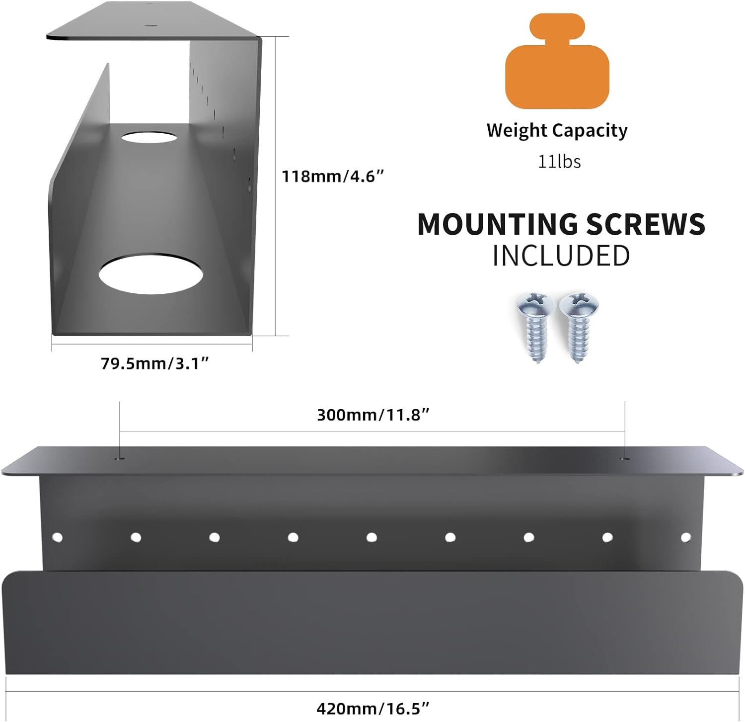 Under Desk Cable Management Tray 16.5 Sturdy Metal Power Strip Holder, Standing Desk Cable Tray Organizer for Cords
