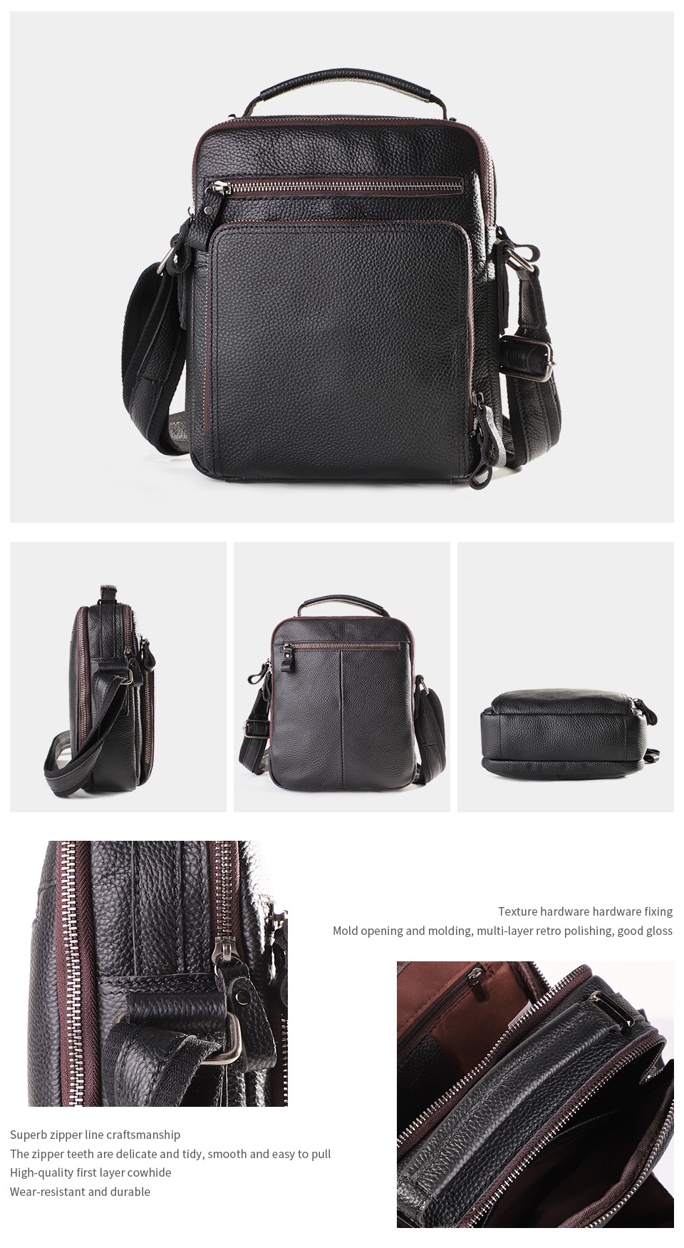 9.7 Inch Genuine Leather Men's Shoulder Messenger Bag with Multiple Pockets and No Decoration