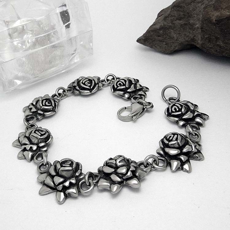 925 Silver Plated Titanium Stainless Steel Vintage Old Rose Link Bracelet (CE123)